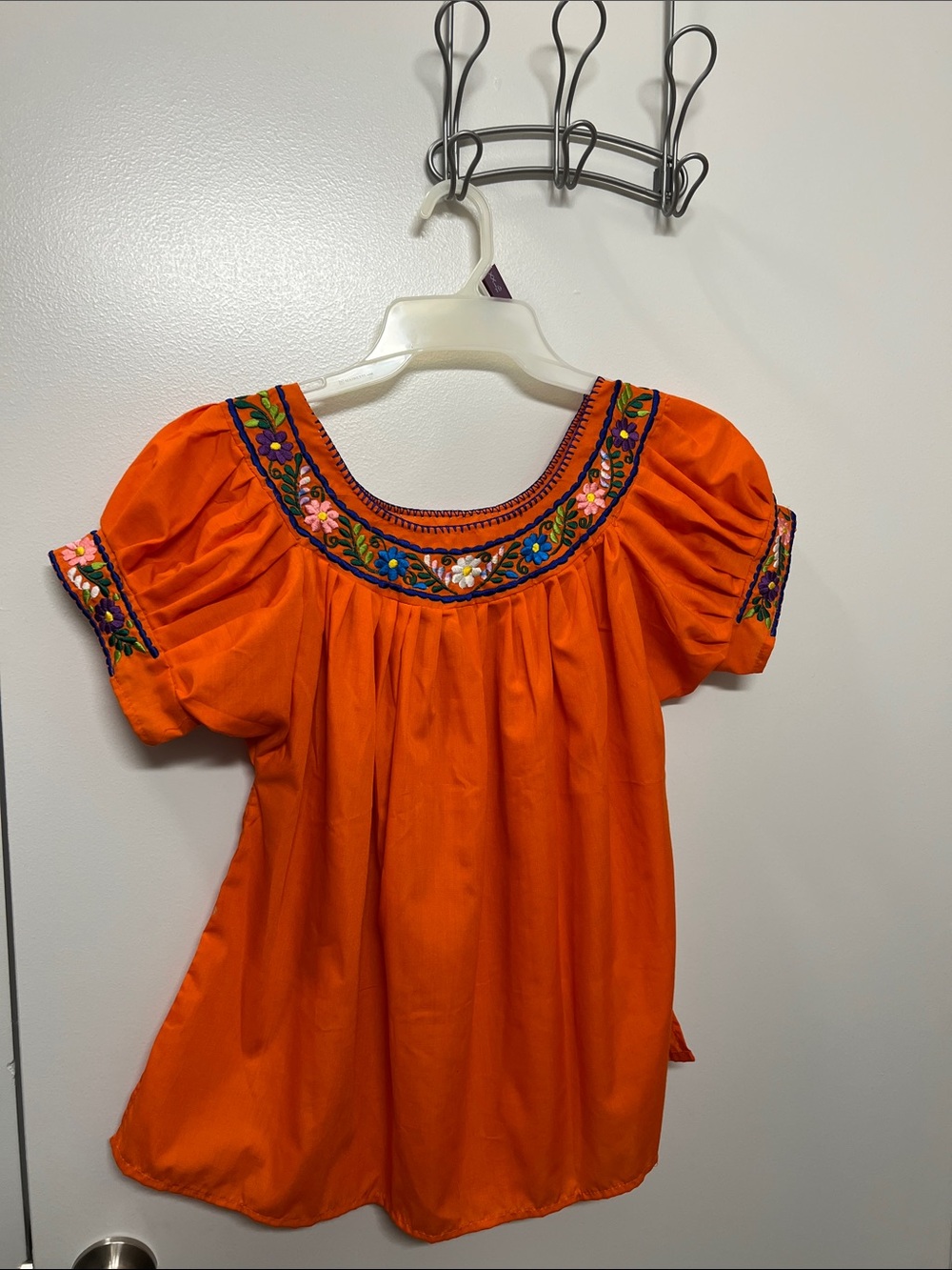 Hand-Embroidered Orange Puff-Sleeve Peasant Blouse